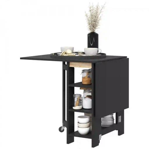 Mesa de Cocina Plegable con Alas Abatibles 2 Ruedas y Estantes Estilo Moderno 120x60x75 cm Negro [9]