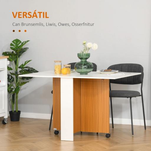 Mesa de Comedor Plegable con Ruedas Mesa Auxiliar Multifuncional con 2 Alas Abatibles 120x80x73 cm Blanco y Teca [2]