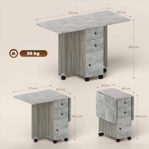 Mesa Plegable de Comedor con Ruedas Alas Abatibles 2 Cajones y Armario Hasta 6 Personas 120x60x76,5 cm Gris [1]
