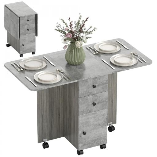 Mesa Plegable de Comedor con Ruedas Alas Abatibles 2 Cajones y Armario Hasta 6 Personas 120x60x76,5 cm Gris [8]