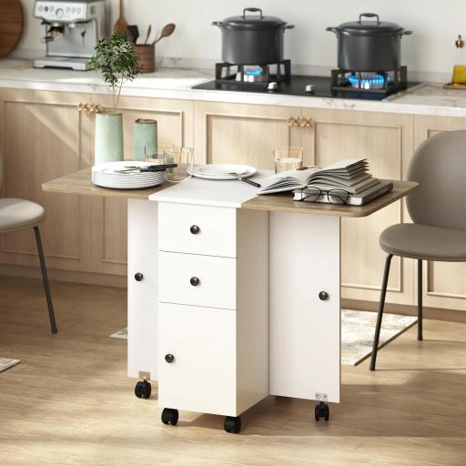 Mesa Plegable de Comedor con Ruedas Alas Abatibles 2 Cajones y Armario Hasta 6 Personas 120x60x76,5 cm Blanco y Natural