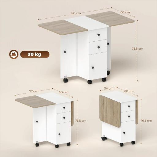 Mesa Plegable de Comedor con Ruedas Alas Abatibles 2 Cajones y Armario Hasta 6 Personas 120x60x76,5 cm Blanco y Natural [1]
