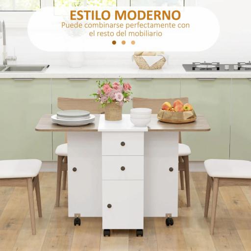 Mesa Plegable de Comedor con Ruedas Alas Abatibles 2 Cajones y Armario Hasta 6 Personas 120x60x76,5 cm Blanco y Natural [3]