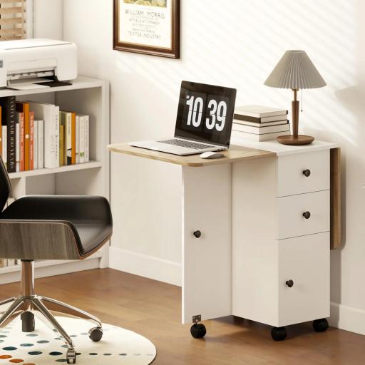 Mesa Plegable de Comedor con Ruedas Alas Abatibles 2 Cajones y Armario Hasta 6 Personas 120x60x76,5 cm Blanco y Natural [6]