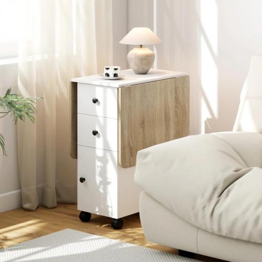 Mesa Plegable de Comedor con Ruedas Alas Abatibles 2 Cajones y Armario Hasta 6 Personas 120x60x76,5 cm Blanco y Natural [7]