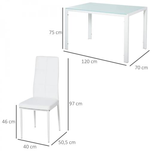 Conjunto de Comedor de Mesa y 4 Sillas 5 Piezas Mesa Rectangular de Vidrio Templado y Sillas Tapizadas en PU Blanco [1]