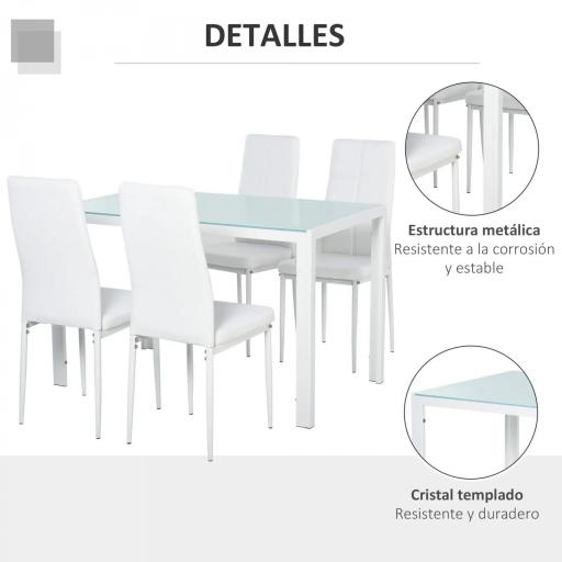 Conjunto de Comedor de Mesa y 4 Sillas 5 Piezas Mesa Rectangular de Vidrio Templado y Sillas Tapizadas en PU Blanco [3]