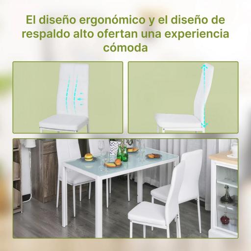 Conjunto de Comedor de Mesa y 4 Sillas 5 Piezas Mesa Rectangular de Vidrio Templado y Sillas Tapizadas en PU Blanco [5]