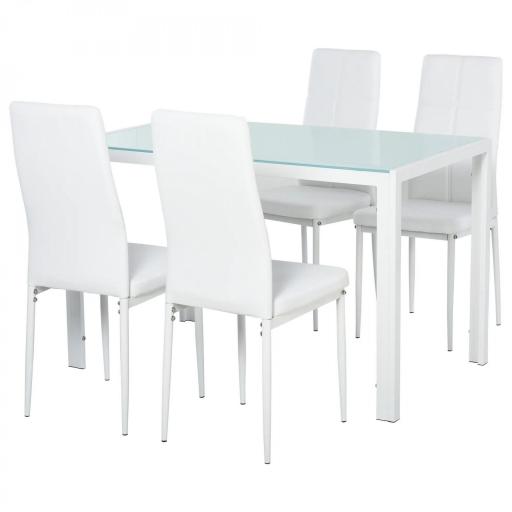 Conjunto de Comedor de Mesa y 4 Sillas 5 Piezas Mesa Rectangular de Vidrio Templado y Sillas Tapizadas en PU Blanco [10]