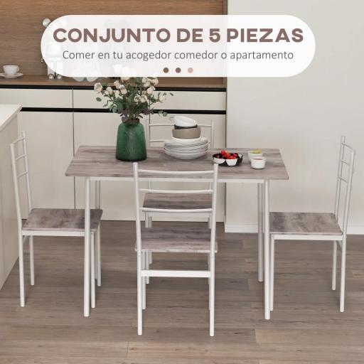 Conjunto de Comedor 5 Piezas Juego de 1 Mesa y 4 Sillas con Pies Acero para Cocina 110x70x75 cm Madera Natural y Blanco [3]