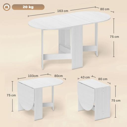 Mesa de Cocina Plegable con Alas Abatibles Mesa Multifuncional de Estilo Moderno de Forma Ovalada 163x80x75 cm Blanco [1]