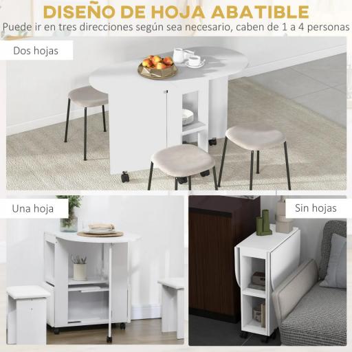 Mesa de Comedor Plegable con Ruedas Mesa de Cocina con Alas Abatibles y 2 Estantes Abiertos 120x60x77 cm Blanco [3]