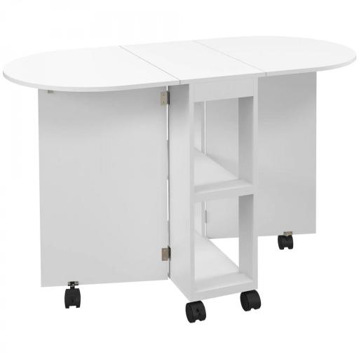 Mesa de Comedor Plegable con Ruedas Mesa de Cocina con Alas Abatibles y 2 Estantes Abiertos 120x60x77 cm Blanco [9]