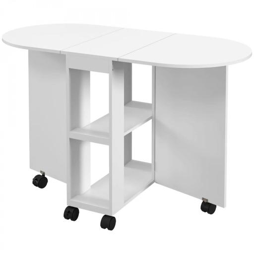 Mesa de Comedor Plegable con Ruedas Mesa de Cocina con Alas Abatibles y 2 Estantes Abiertos 120x60x77 cm Blanco [8]
