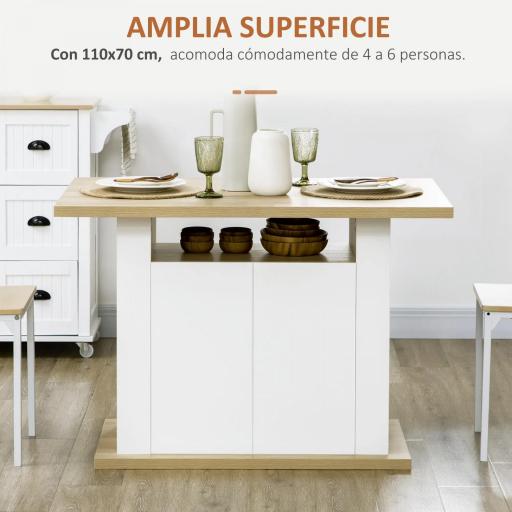 Isla de Cocina para 4-6 Personas con 4 Puertas Compartimentos Abiertos Estante Ajustable 110x70x75,5 cm Roble y Blanco [3]