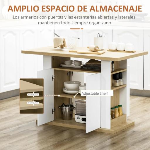 Isla de Cocina para 4-6 Personas con 4 Puertas Compartimentos Abiertos Estante Ajustable 110x70x75,5 cm Roble y Blanco [4]