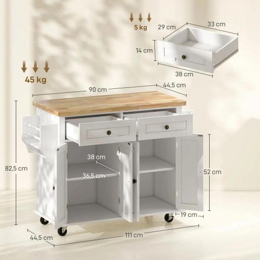 Isla de Cocina con Ruedas Mueble Auxiliar de Cocina con Especiero y Barra Lateral 111x44,5x82,5 cm Blanco [1]