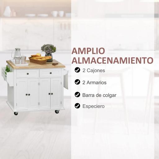 Isla de Cocina con Ruedas Mueble Auxiliar de Cocina con Especiero y Barra Lateral 111x44,5x82,5 cm Blanco [3]