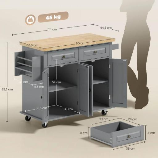 Isla de Cocina con Ruedas Mueble Auxiliar de Cocina con Especiero y Barra Lateral 111x44,5x82,5 cm Gris [1]