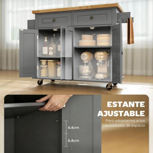 Isla de Cocina con Ruedas Mueble Auxiliar de Cocina con Especiero y Barra Lateral 111x44,5x82,5 cm Gris [5]