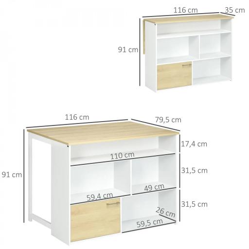 Isla de Cocina con Ala Abatible Mesa de Bar Alta con Múltiples Compartimentos 116x79,5x91 cm Blanco [1]