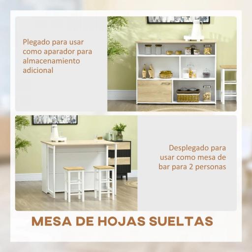 Isla de Cocina con Ala Abatible Mesa de Bar Alta con Múltiples Compartimentos 116x79,5x91 cm Blanco [2]