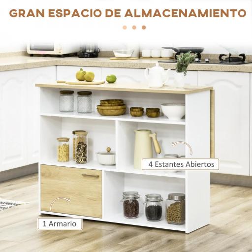 Isla de Cocina con Ala Abatible Mesa de Bar Alta con Múltiples Compartimentos 116x79,5x91 cm Blanco [3]