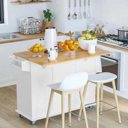  Isla de Cocina con Ruedas Carrito de Servicio con Encimera Extensible Cajones Barra y Especiero 128,8x75,5x92,5 cm Blanco