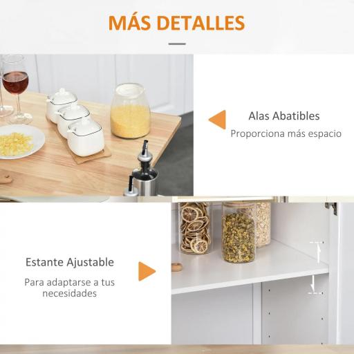  Isla de Cocina con Ruedas Carrito de Servicio con Encimera Extensible Cajones Barra y Especiero 128,8x75,5x92,5 cm Blanco [5]