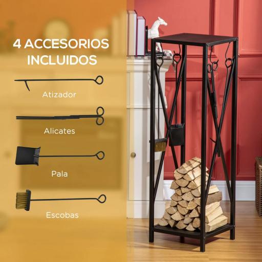 Estante de Leña Metálico Leñero de Exterior con Ganchos Pala Cepillo Atizador y Tenazas Carga 65 kg 34x34x111 cm Negro [4]