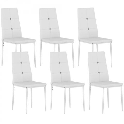 Juego de 6 Sillas de Comedor Tapizada en PU con Respaldo Alto con Botones y Patas de Acero Diseño Moderno Blanco [9]
