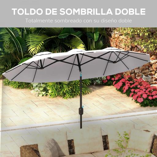Sombrilla Doble de Jardín 295x152x222 cm con Inclinación de 45° y Manivela Manual para Terraza Balcón Piscina Crema [5]