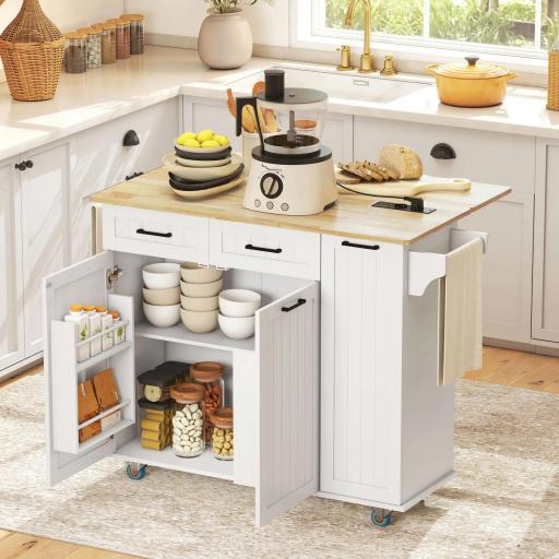 Isla de Cocina con Ruedas Toma de Corriente USB Tablero Plegable 2 Cajones Especiero y Toallero 119,5x74x94,5 cm Blanco