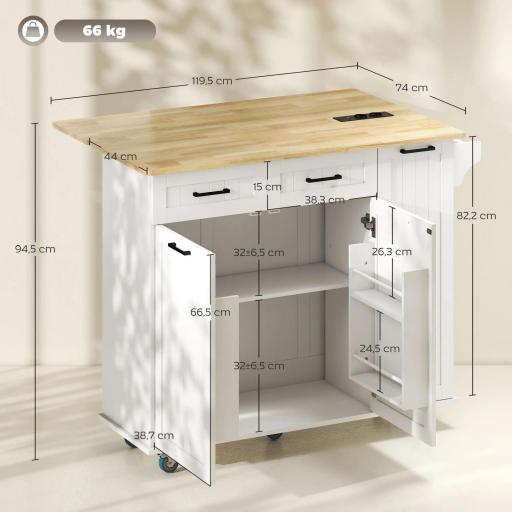 Isla de Cocina con Ruedas Toma de Corriente USB Tablero Plegable 2 Cajones Especiero y Toallero 119,5x74x94,5 cm Blanco [1]