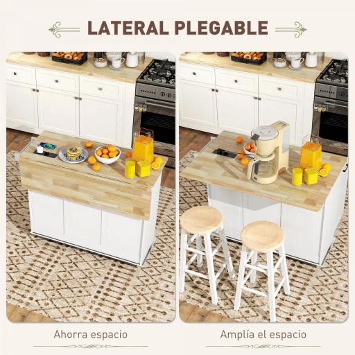 Isla de Cocina con Ruedas Toma de Corriente USB Tablero Plegable 2 Cajones Especiero y Toallero 119,5x74x94,5 cm Blanco [2]