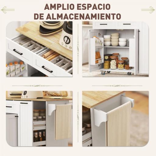 Isla de Cocina con Ruedas Toma de Corriente USB Tablero Plegable 2 Cajones Especiero y Toallero 119,5x74x94,5 cm Blanco [4]