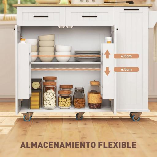 Isla de Cocina con Ruedas Toma de Corriente USB Tablero Plegable 2 Cajones Especiero y Toallero 119,5x74x94,5 cm Blanco [5]