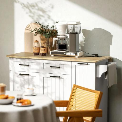 Isla de Cocina con Ruedas Toma de Corriente USB Tablero Plegable 2 Cajones Especiero y Toallero 119,5x74x94,5 cm Blanco [7]
