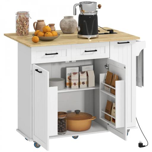 Isla de Cocina con Ruedas Toma de Corriente USB Tablero Plegable 2 Cajones Especiero y Toallero 119,5x74x94,5 cm Blanco [8]