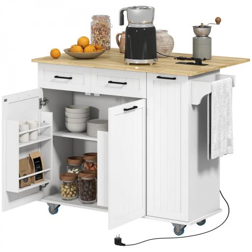 Isla de Cocina con Ruedas Toma de Corriente USB Tablero Plegable 2 Cajones Especiero y Toallero 119,5x74x94,5 cm Blanco [9]