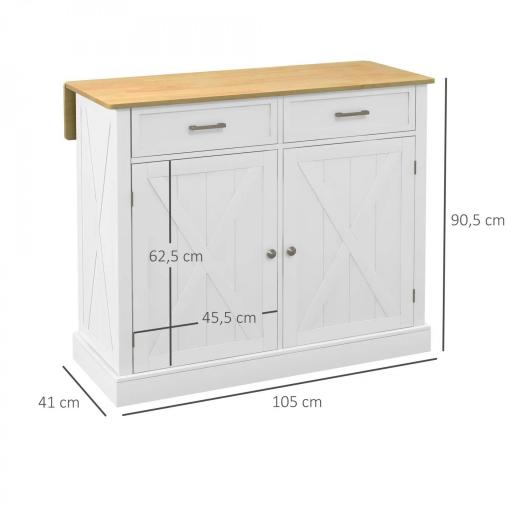 Isla de Cocina Carro de Cocina con Encimera de Madera Plegable 2 Puertas 2 Cajones Estante Ajustable y 4 Ruedas 105x60x90,5 cm Blanco [1]