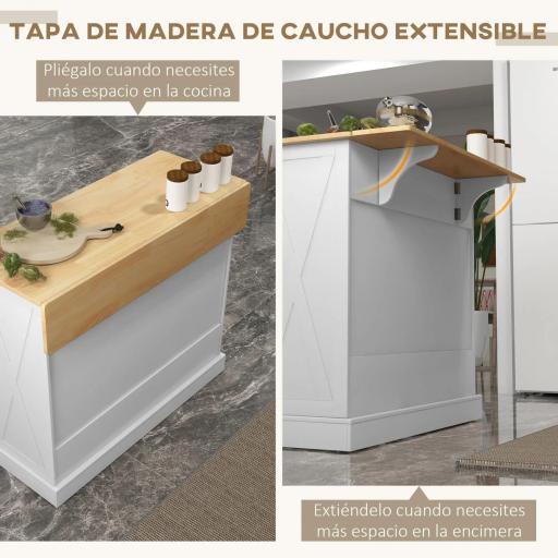 Isla de Cocina Carro de Cocina con Encimera de Madera Plegable 2 Puertas 2 Cajones Estante Ajustable y 4 Ruedas 105x60x90,5 cm Blanco [5]