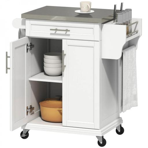 Mueble Auxiliar de Cocina Moderno con 4 Ruedas 1 Cajón 1 Toallero Especiero y Estante Ajustable 83,5x45,7x90,5 cm Blanco [8]