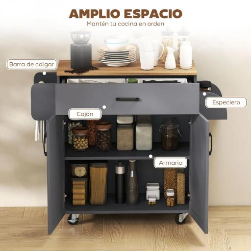 Isla de Cocina con Ruedas con Cajón Armario con Puertas Toallero y Especiero 105x36x85 cm Gris [2]