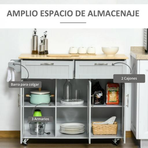 Carro de Cocina con Ruedas Isla de Cocina con 2 Cajones y Barra para Colgar para Comedor 121x46x91 cm Gris [3]