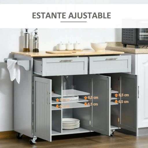 Carro de Cocina con Ruedas Isla de Cocina con 2 Cajones y Barra para Colgar para Comedor 121x46x91 cm Gris [2]