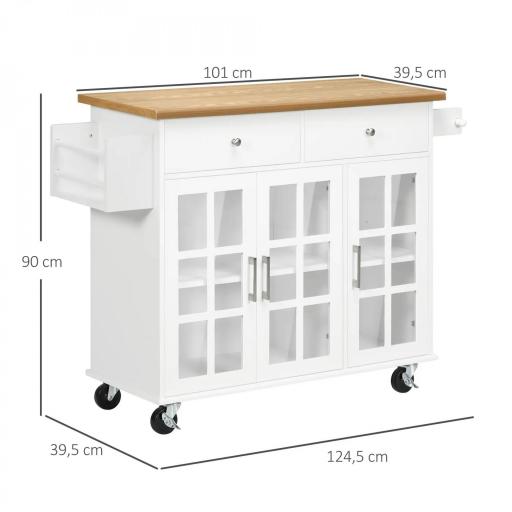 Carro de Cocina con Ruedas Isla de Cocina con 2 Cajones 3 Puertas de Vidrio Templado Toallero 124,5x39,5x90 cm Blanco [1]