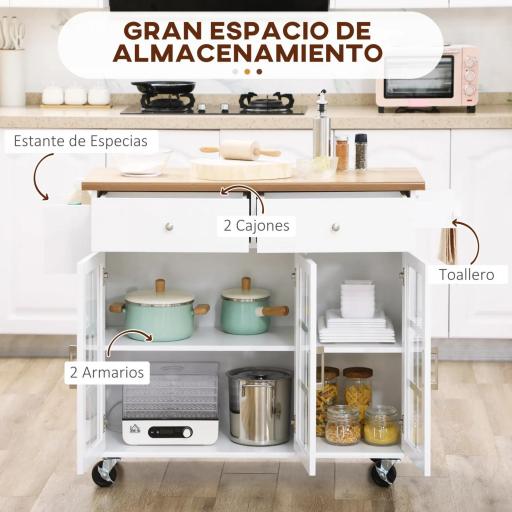 Carro de Cocina con Ruedas Isla de Cocina con 2 Cajones 3 Puertas de Vidrio Templado Toallero 124,5x39,5x90 cm Blanco [2]