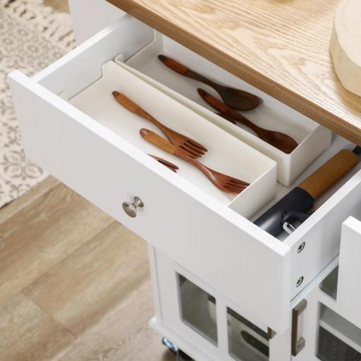 Carro de Cocina con Ruedas Isla de Cocina con 2 Cajones 3 Puertas de Vidrio Templado Toallero 124,5x39,5x90 cm Blanco [7]