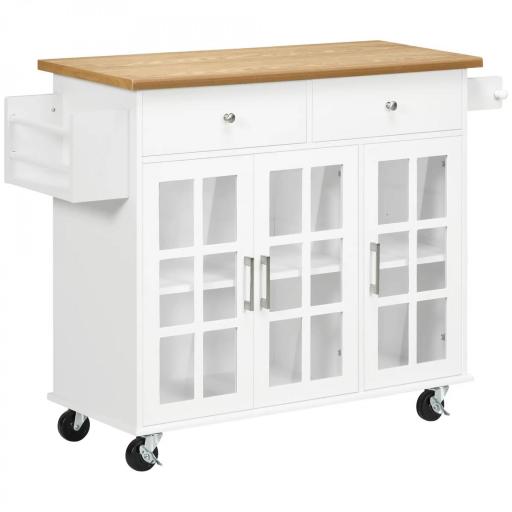 Carro de Cocina con Ruedas Isla de Cocina con 2 Cajones 3 Puertas de Vidrio Templado Toallero 124,5x39,5x90 cm Blanco [8]